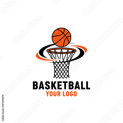 Dynamic basketball logo with hoop and modern swirling design for sports branding