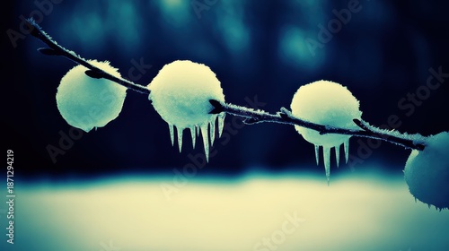 Frozen water droplets cling to a barren branch covered in ice and icicles during winter