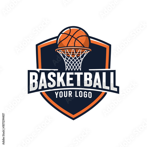 dynamic basketball emblem with hoop and net in sports emblem design