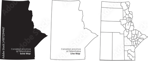 Detailed maps of canadian province of manitoba in black solid and line styles with subdivisions with canada and geography and illustration and vector
