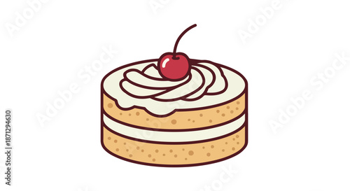 Simple Cartoon Illustration of a Delicious Two layer Vanilla Cake with White Frosting, Topped with a Vibrant Red Cherry