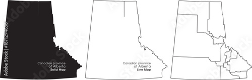 Detailed illustrations of alberta province maps in black and white line art styles with vector and Canada and geography and cartography and graphic