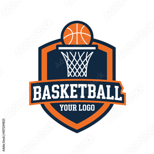 Dynamic basketball logo featuring a modern shield design with a hoop and net