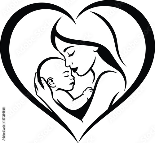 Silhouette of mother and child in heart line art