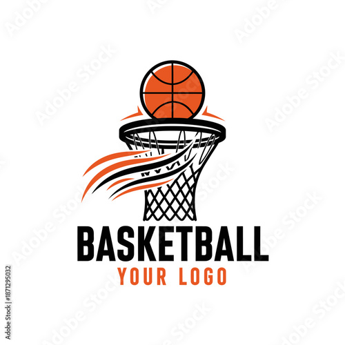 Dynamic basketball logo featuring a hoop and a soaring ball with motion lines