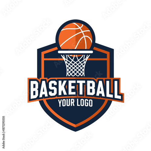 Dynamic basketball emblem with sport shield and modern design elements for