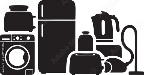 Black and white home appliance icons in a row