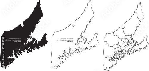 Detailed illustrations of prince edward island maps in black and white line art with vector and geography and Canada and cartography and outline
