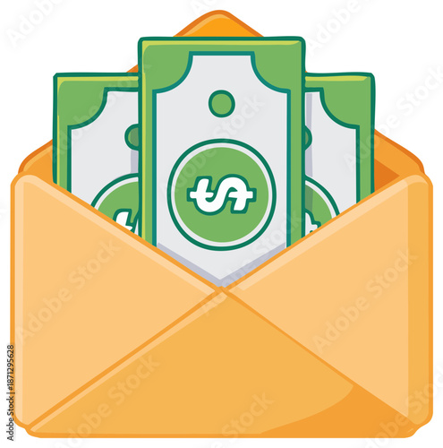 An open yellow envelope containing a stack of cash banknotes representing payment salary or a bonus