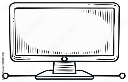 Old computer monitor hand drawn illustration black and white retro desktop display technology sketch