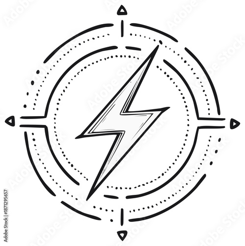 Dynamic hand-drawn lightning bolt and compass rose outline illustration in black and white.