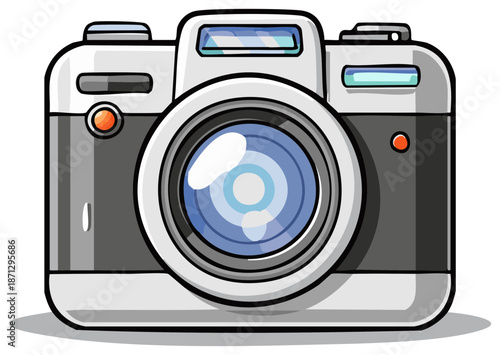 Stylized Illustration of a Digital Camera with a Large Lens and Flash