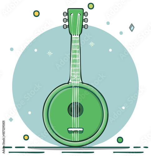 Green banjo illustration on a light blue background