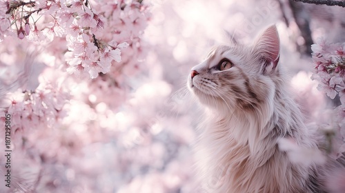 Dreamy Cat Under Cherry Blossoms in Spring Nature