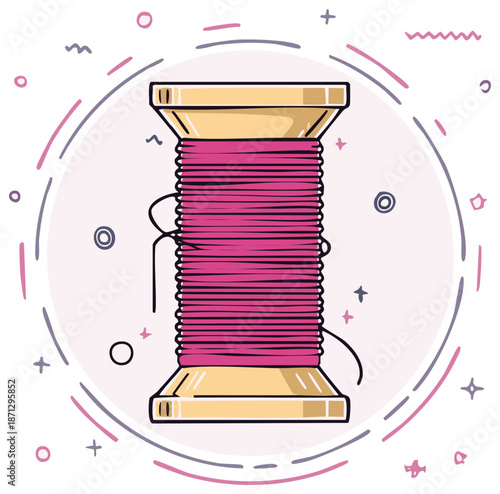 Hand drawn doodle illustration of a bright pink thread spool for sewing and crafting