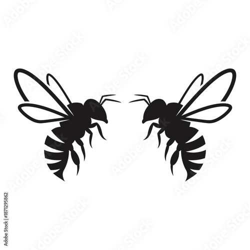 Two black bees facing each other with detailed wings and bodies