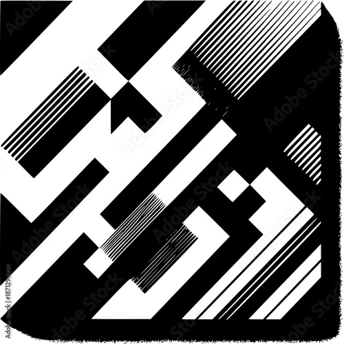 Geometric Abstraction: A captivating black and white geometric pattern of shapes and lines, a modern aesthetic, revealing a sense of dynamism. 