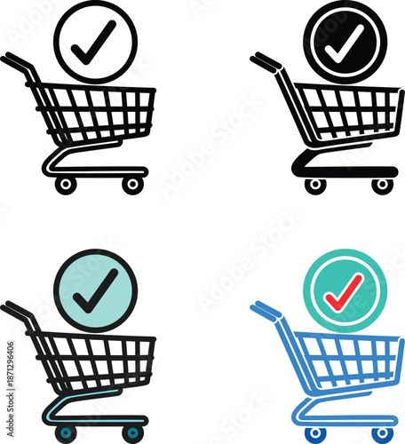 Approved purchase vector icon with shopping cart and check mark for telemedicine and online pharmacy services. Ideal for prescription orders, secure checkout, healthcare e-commerce apps, and digital.