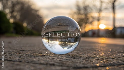 Perfectly clear glass orb with the word reflection etched upon its surface, set on the ground during sunset.