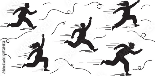 Silhouettes of people running in motion with dynamic lines