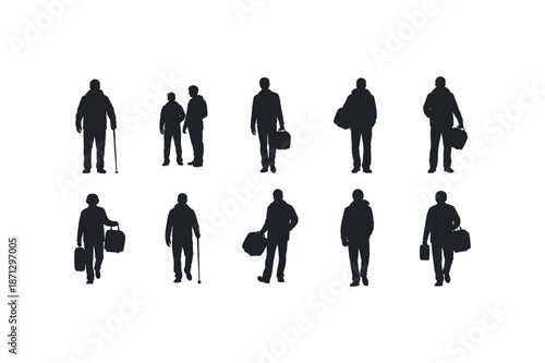 Collection of business professional silhouette figures with various poses and luggage