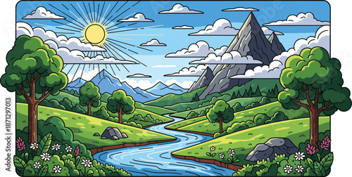 Beautiful mountain landscape with winding river through green hills, sunny blue sky with clouds, blooming flowers and trees in scenic nature vector illustration.