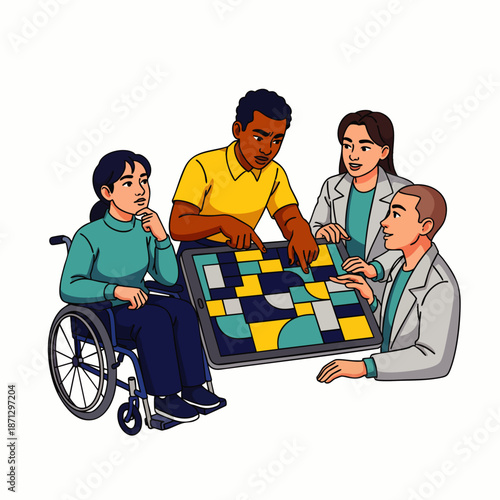 Diverse group of professionals and individuals collaborating on a digital puzzle, showcasing teamwork, inclusion, and problem-solving with technology.
