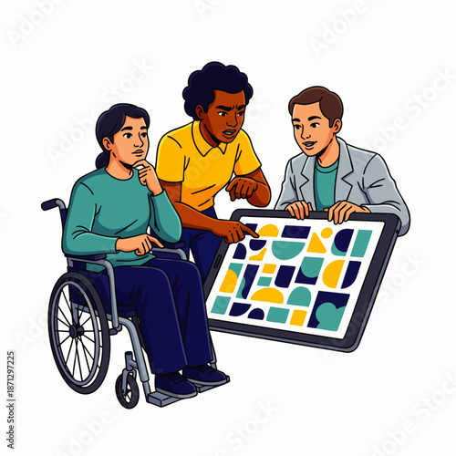 Diverse team collaborating on a digital puzzle, emphasizing inclusivity and problem-solving with a woman in a wheelchair actively participating.