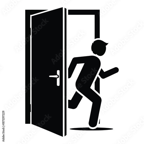 A person running through an open doorway depicted in a black and white style