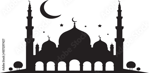 A serene black mosque silhouette stands with minarets, domes, archways, trees, a crescent, and stars