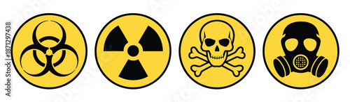 Hazard danger yellow vector signs, radiation sign, biohazard sign, toxic sign, gas mask, vector illustration for safety alerts, industrial hazard communication, and risk awareness.