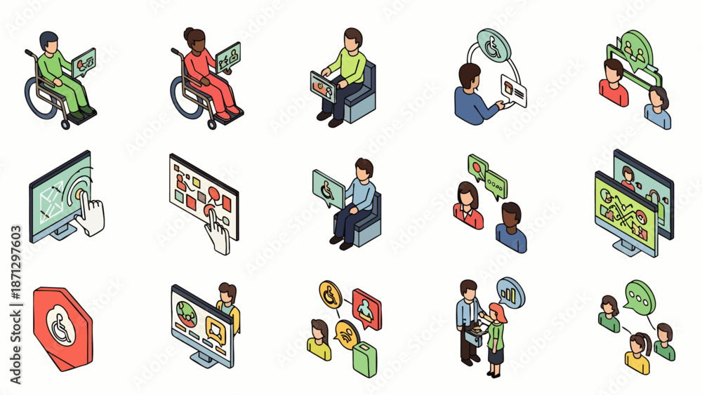 Fototapeta premium Diverse people collaborating and using technology for business, communication, and accessibility, isometric icons set