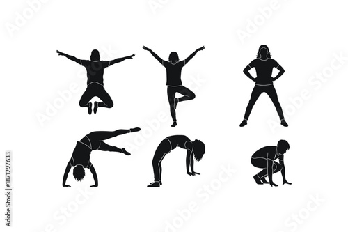 Six yoga poses in silhouette on a white background showcasing various stretches and balances