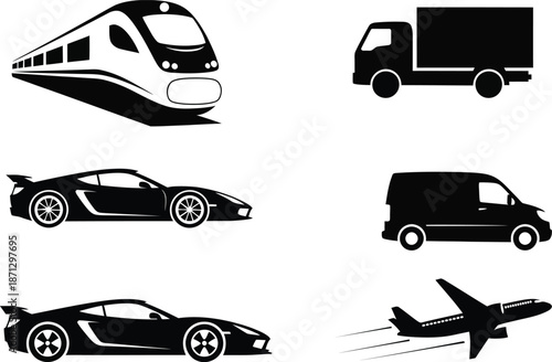 Silhouette of various transportation vehicles including train truck sports car van and airplane