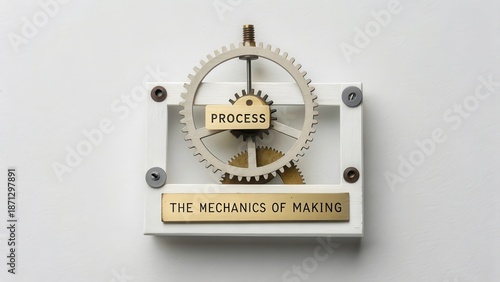 The intricate clockwork mechanism of process and making, with 'PROCESS' labeled gears in a white frame.
