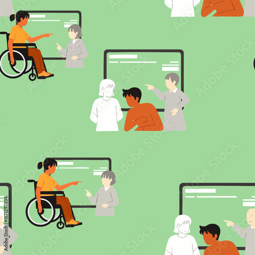 Inclusive education seamless pattern featuring diverse students, including a person in a wheelchair, collaborating and learning together in a modern setting.