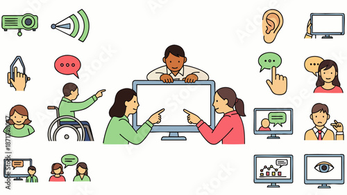 Digital accessibility and inclusive communication vector illustration set. Diverse people, sign language, speech, and technology interaction for user experience.