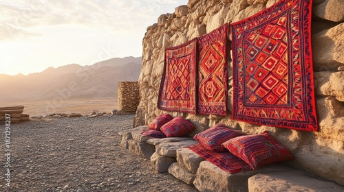 Vibrant woven tapestries with intricate geometric patterns displayed on a stone wall outdoors with a desert landscape in the background