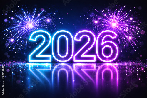 Colorful New Year fireworks lighting the winter night as people celebrate a happy holiday party with stars and festive decorations