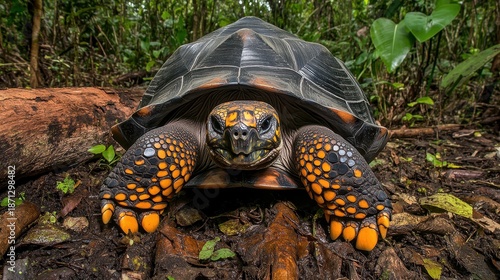 Yellow footed tortoise with orange markings slowly walks through the lush green jungle on textured ground