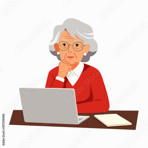 Elderly woman with glasses and grey hair concentrating on her laptop, actively engaged in online education or digital tasks, vector art.
