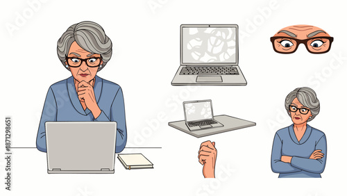 Elderly Woman Frustrated with Laptop Computer Technology, Showing Confusion and Annoyance