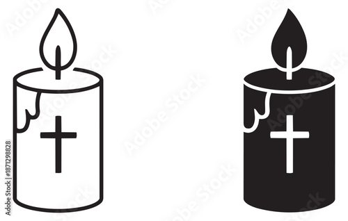 Minimalist religious candle icon set featuring a burning candle with a cross for memorial and spiritual themes