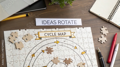 Wooden desk with puzzle pieces forming a cycle map, showcasing business ideas rotation and strategic planning