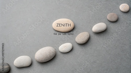 Zenith stones arranged in ascending line on gray surface, representing peace and calm summit