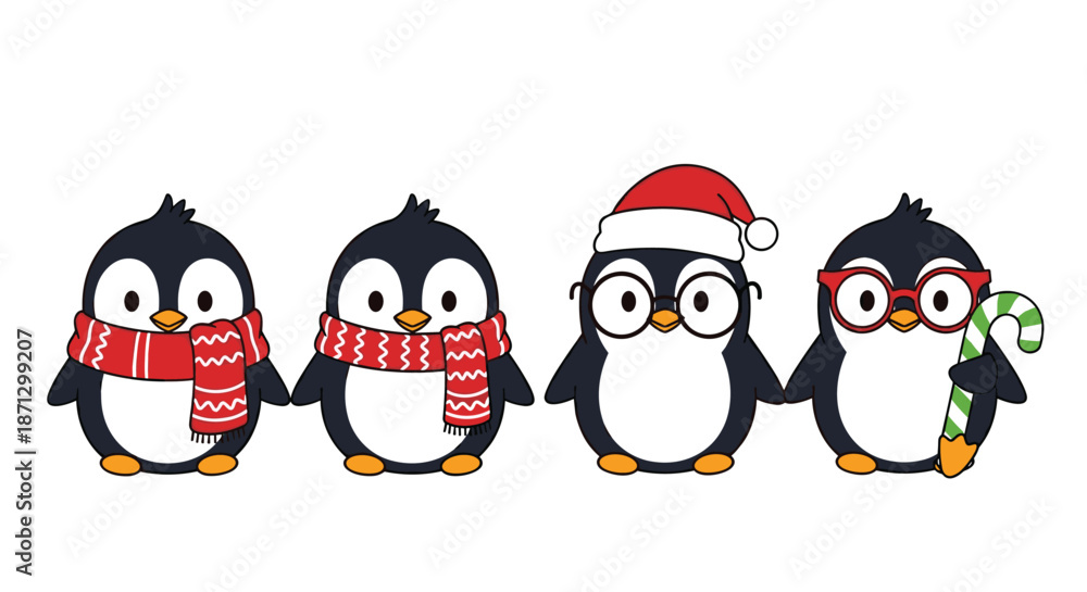 Fototapeta premium Row of four cute penguins are dressed in red winter scarves, a Santa hat, glasses, and holding a festive candy cane.