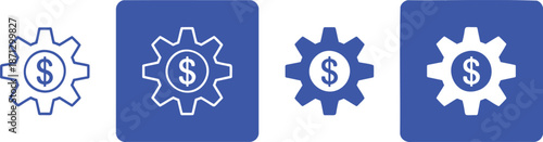 Four blue and white gear with dollar signs money finance