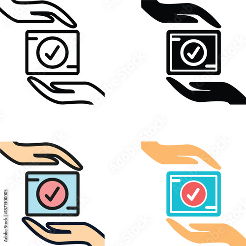 Trusted medical service vector icon with hands holding verified symbol for telemedicine and online pharmacy platforms. Ideal for secure healthcare services, prescription validation, patient trust.