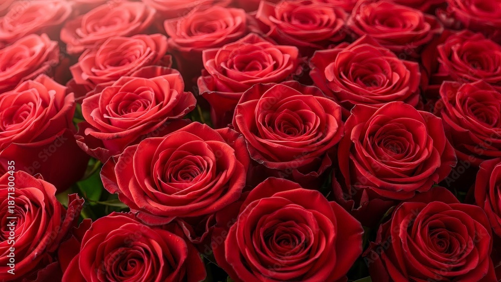Obraz premium A lush bouquet of deep red roses fills the frame with vibrant color and romantic symbolism.