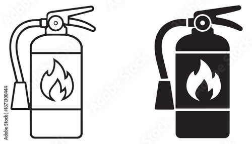 Minimalist line art and solid fire extinguisher icon set featuring outline and filled versions with a flame symbol for safety, emergency, and protection designs